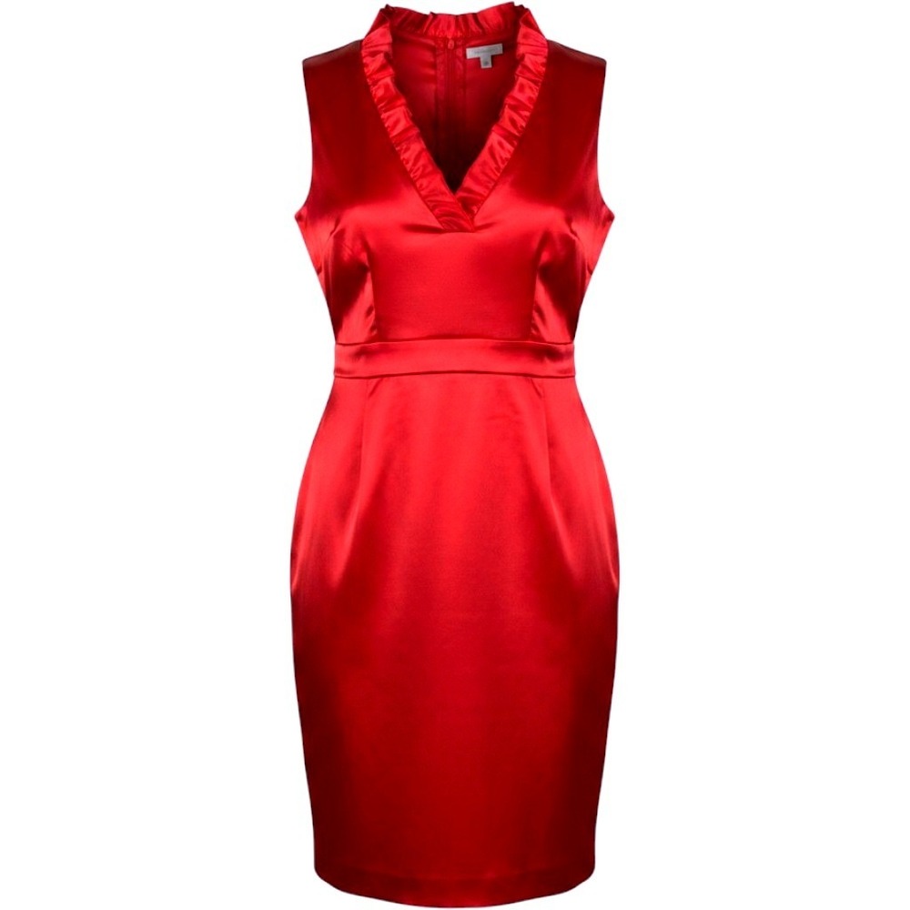 Jessica Howard Evenings~Red Satin Ruffle V-Neck Sheath Dress~Sleeveless~Size 12